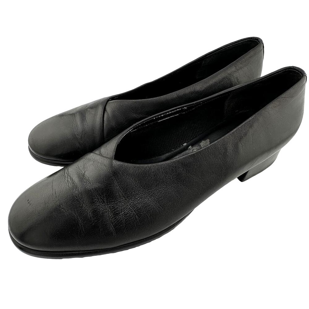 Unisa Black Leather Wood Block Heel Round Toe Women Size 9AA Narrow